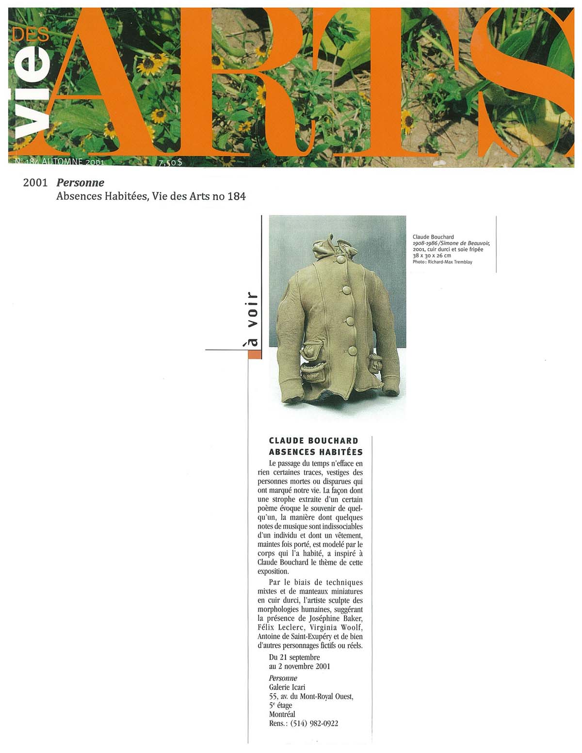 2001 Vie des Arts, 184, Personne, Absences Habitées