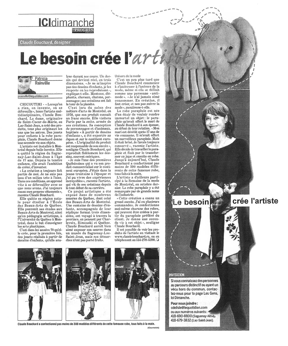 2010 Le PROGRÈS, ici dimanche, « Le besoin crée l'artiste » Patricia Rainville