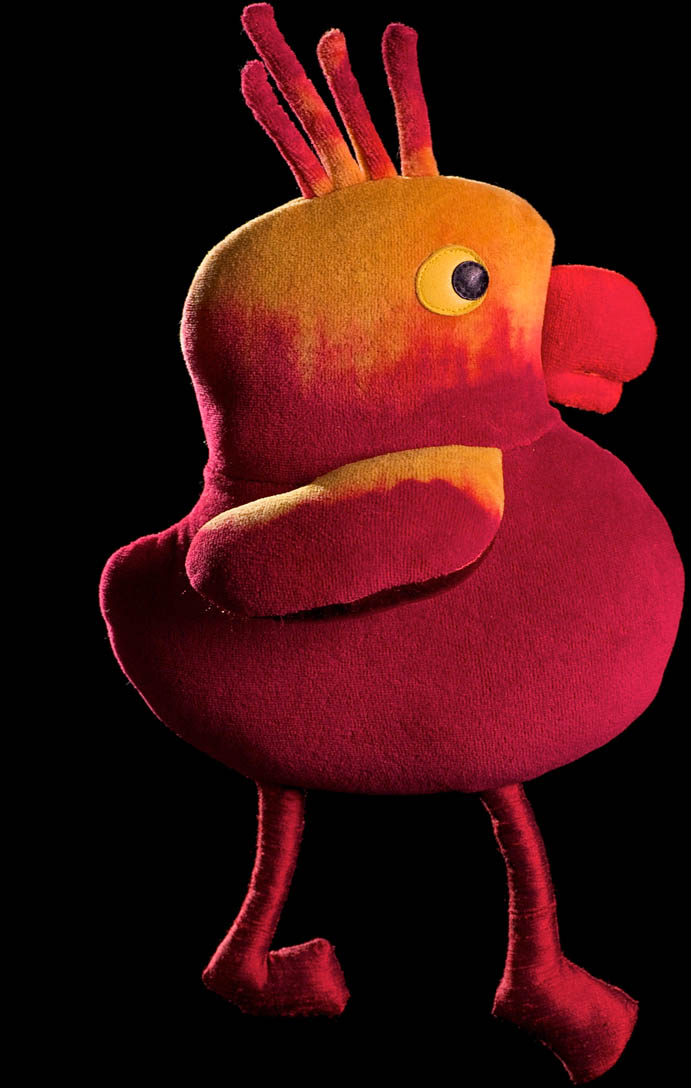 Perception des formes animales par l’enfant Pré-schématique Dessin de Lianne Cockerton, 6 ans 32 cm Ratine de velours, en rouge ou vert / The child’s perception of animal forms. Pre-schematic Drawing by Lianne Cockerton, 6 years old 32 cm. high Red or green terrycloth